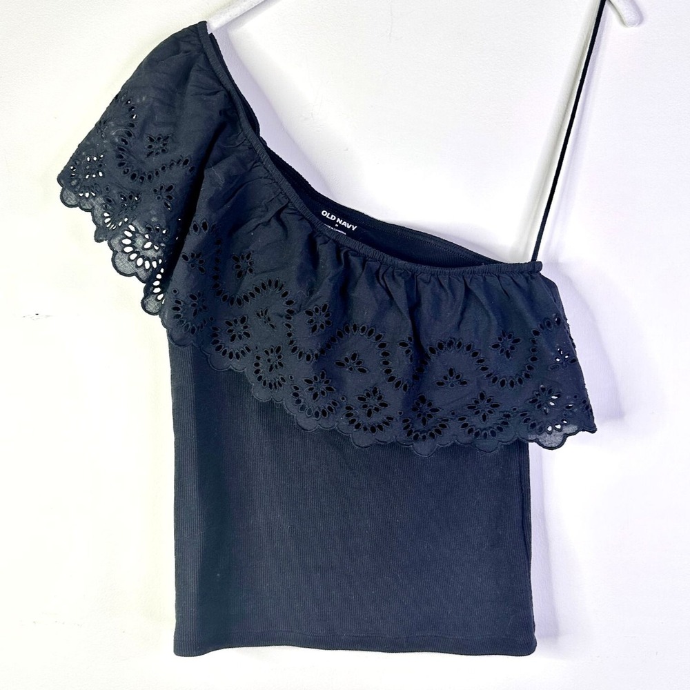 OldNavy Top Women M Black One Shoulder Eyelet Flounce Ruffle Ribbed Cotton Boho